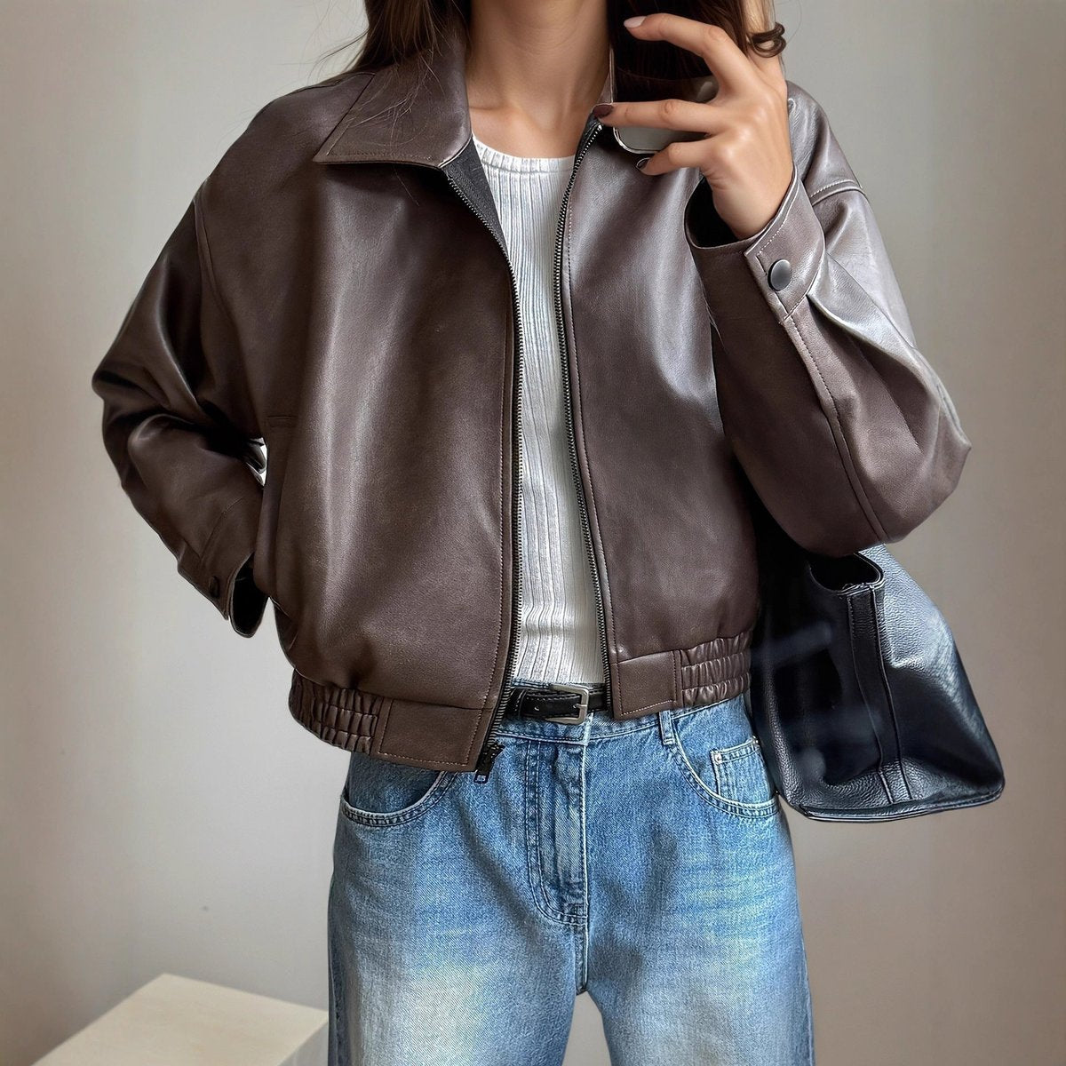 Faux Leather Zip-Up Bomber