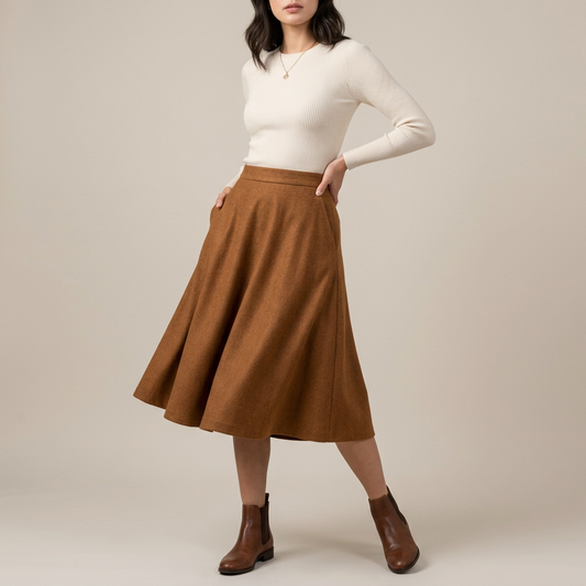 Caramel Wool Blend Midi Skirt