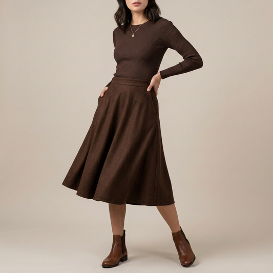 Caramel Wool Blend Midi Skirt